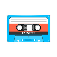 Retro Classic Blue Cassette Tape Clip Art Rainbow Colors Record Music Radio Audio Vintage Cute Case Illustration.