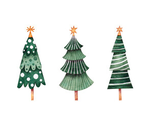 A collection of green stylized Christmas trees with decorations on a white background. Watercolor illustration. Handmade work. Christmas and New Year greeting cards. Winter. Art. Design. Holiday.