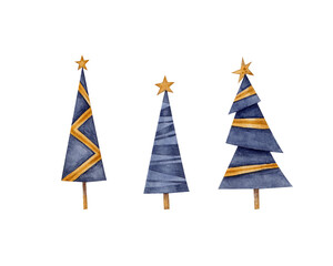 A collection of geometric blue Christmas trees with gold decorations on a white background. Watercolor illustration. Handmade work. Christmas and New Year greeting cards. Winter. Season. Art. Design. 
