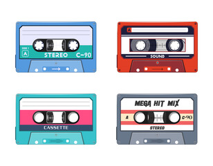 Retro music cassette. Stereo DJ tape, vintage 90s cassettes tapes and audio tape. antique radio play cassette, 1970s or 1980s rock music mix audiocassette. Isolated icons set