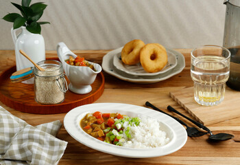 Breakfast Table with Japanese Korean Curry and Homemade Donut