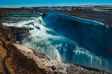 Aerial view of the Gullfoss Waterfall in Iceland