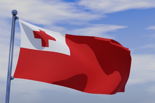 3D rendering of the waving flag of Tonga with the flagpole in the blue sky