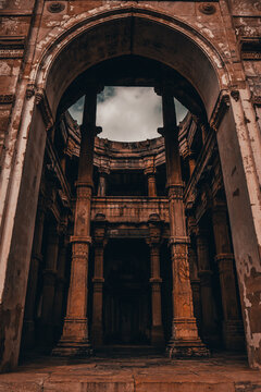 Vertical shot of the historic brick mosque monument located in Pavagadh, Gujarat, India