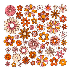 Fun retro doodle orange flowers, vector collection