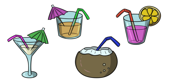 A set of pictures, Exotic drinks in glass glasses, coconut juice with a straw, vector illustration in cartoon style