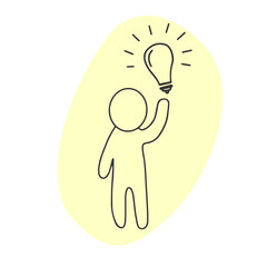 Little Man with a Light Bulb over his Head Concept of the Emergence of an Idea