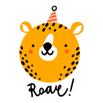 Birthday Cheetah Roar Cartoon Face, Vector Illustration