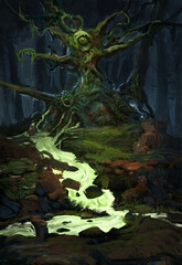 Digital painting of an evil oak tree deep in a magic forest with a flowing green river of poison - fantasy illustration