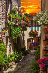 Picturesque street of Spello medieval town during summer sunset