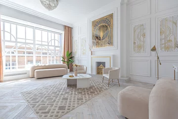 Fotobehang Hotel chique snow-white luxury apartment interior with Egyptian-style decor with light stylish furniture. huge panoramic windows and an archway. minimalism and simplicity with the elegance of modern housing design  © 4595886