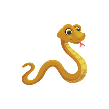 Adorable yellow cartoon snake with tongue, flat vector illustration isolated.