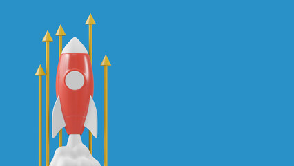 Concept rocket fly clouds rising with arrows going up, personal and career development, light blue background. Concept of fast growth and boost. Mockup copy space, 3D render