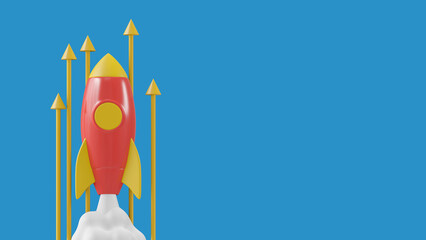 Concept rocket fly clouds rising with arrows going up, personal and career development, light blue background. Concept of fast growth and boost. Mockup copy space, 3D render