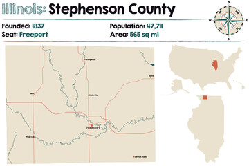 Large and detailed map of Stephenson county in Illinois, USA.