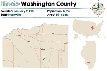 Large and detailed map of Washington county in Illinois, USA.