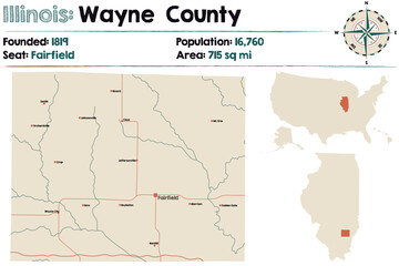 Large and detailed map of Wayne county in Illinois, USA.