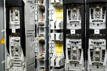 Closeup shot of an electrical switchboard with fuses and wires