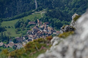 Aerial shot of the buildings of Gresse en Vercors in Isere, France