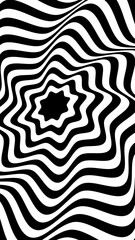 The concept of a black-and-white distorted optical background. Abstract 3D illusion. Vector illustration.