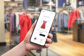 Search for clothes online in a clothing store. Color and size selection on app. Modern e-commerce...