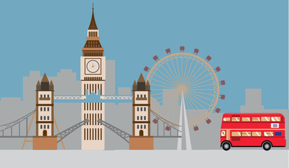 Vector illustration of a banner with the Big Ben, the Tower Bridge, the London Eye and a red bus - obrazy, fototapety, plakaty