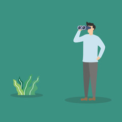 Vector illustration background about happy young tourist man looking through big binoculars far ahead. The businessman is traveling with field glasses. Graphic design vector illustration