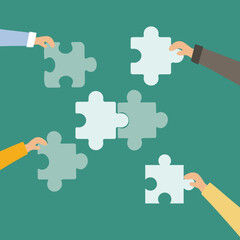 Vector illustration background about male and female business team members unite puzzle pieces together to one as team building symbol. Employee teamwork concept Graphic design vector illustration