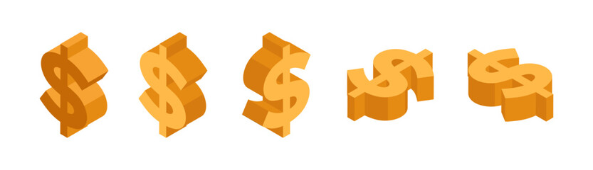 golden dollar in isometric style. Top view, right and left - obrazy, fototapety, plakaty