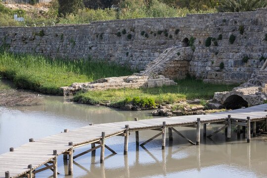 Ancient ruined dam along river Nahal Taninim in Israel