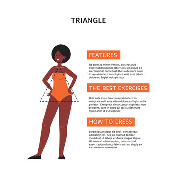 Triangular female body type poster or banner with recommendations, flat vector.