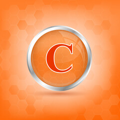 Fototapeta premium Vitamin C icon structure orange substance. 3D Vitamin complex with chemical formula. Personal care, beauty concept. Vector Illustration. Medicine health symbol of thiamine. Drug business concept. 