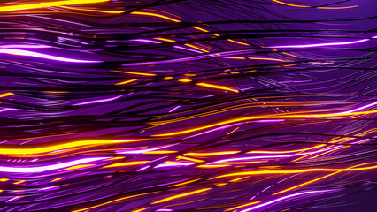 Purple and orange neon veins, abstract futuristic render 3d background, contrast bright lighting hair, direction, wave, concentration to centre, sci-fi art, random metallic structure design elements	
