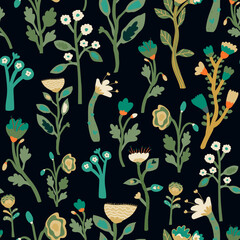 Contemporary floral seamless pattern. Tropical plants endless wallpaper. Abstract botanical floral ornament. Strange shapes flower background