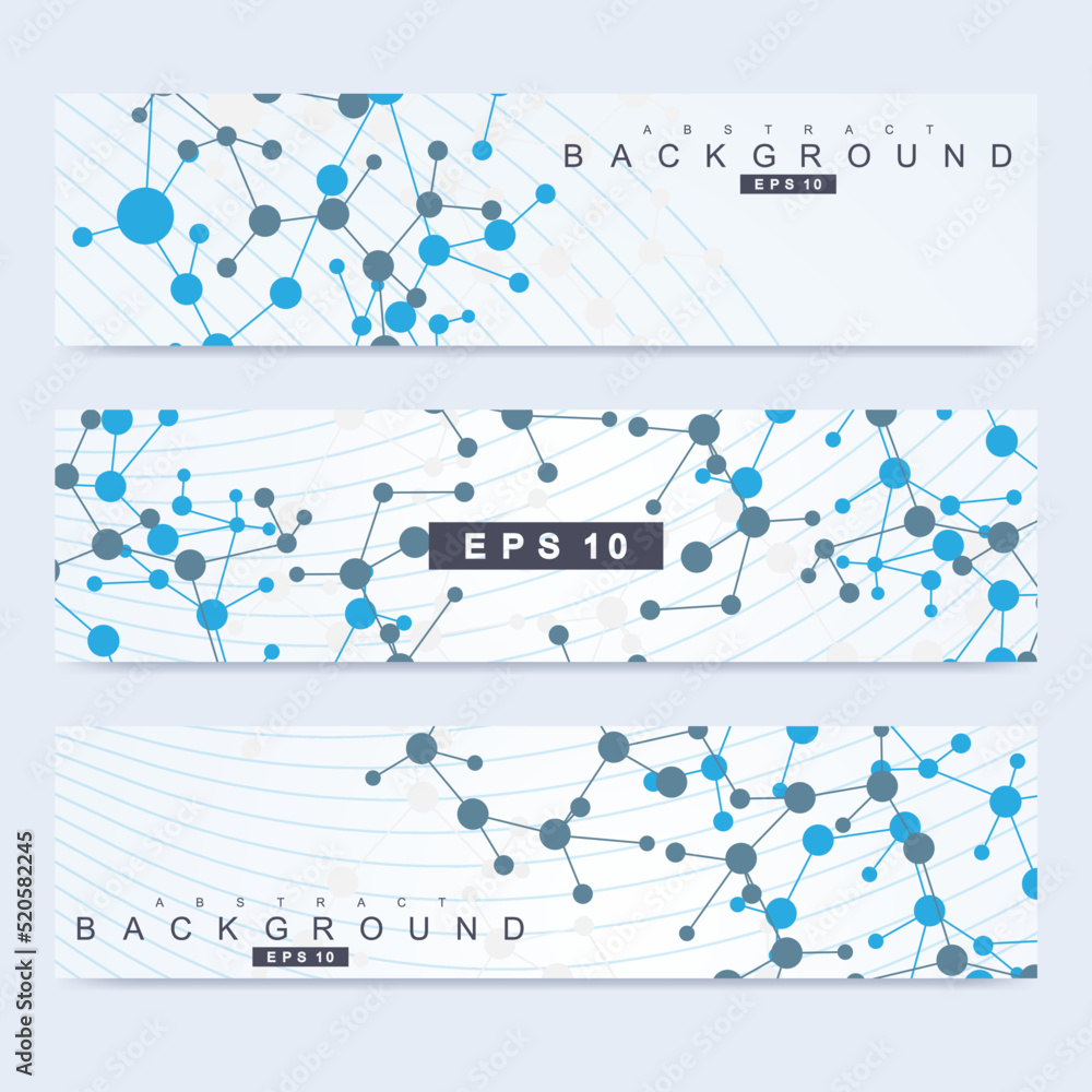 Poster scientific set of modern vector banners. dna molecule structure with connected lines and dots. scien
