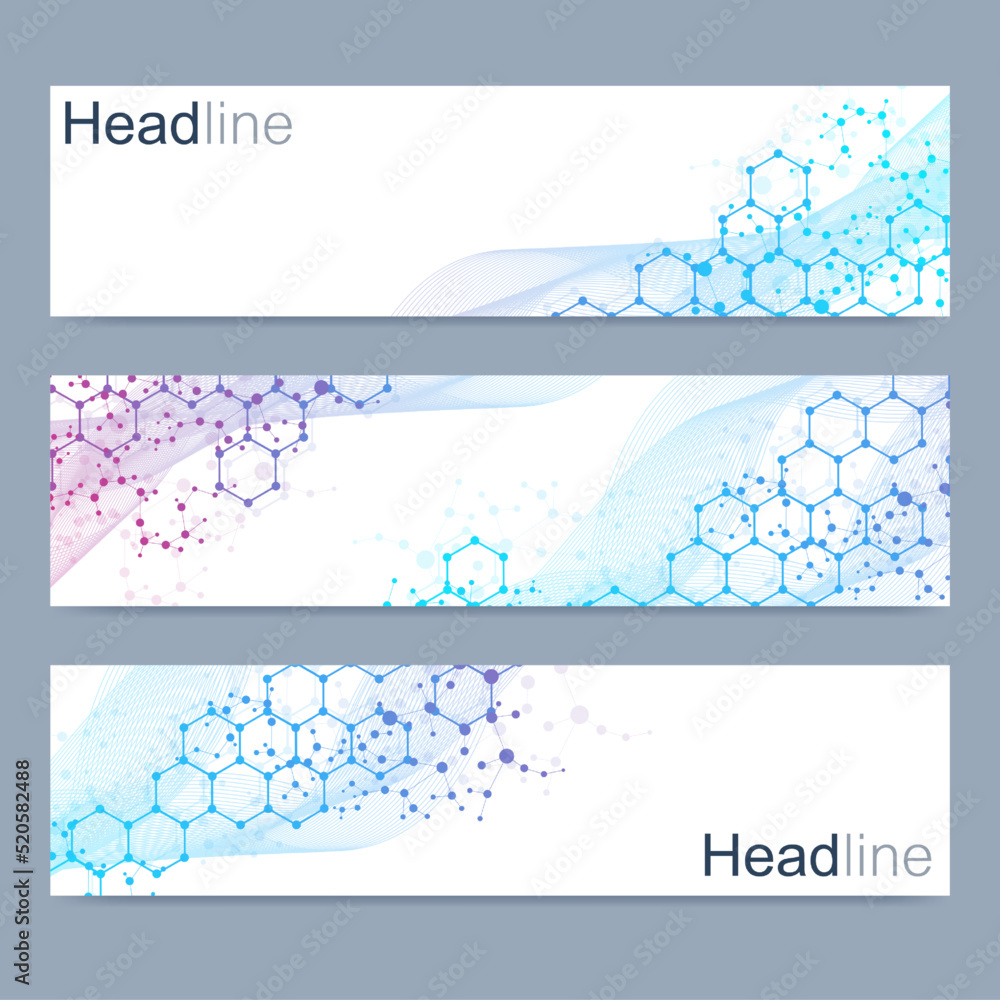 Poster scientific set of modern vector banners. dna molecule structure with connected lines and dots. scien