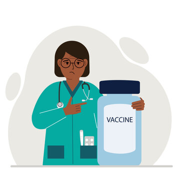 Sad woman doctor next to a jar of vaccine. Pandemic. Vector