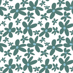 Green whimsical flowers. Seamless repeat pattern. Isolated png illustration, transparent background. Repeating texture to use for montage, wrapping paper, scrapbooking, banner, overlay.