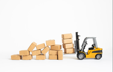 Industry and business transportation with forklift loading product box.economy with demand and...
