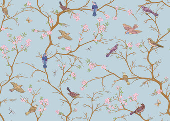Cherry blossom branches against the sky with sparrow, finches. Seamless pattern, background. Vector illustration. Chinoiserie, traditional oriental botanical motif. In botanical style