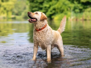 Selective focus shot of labrador retriever in river