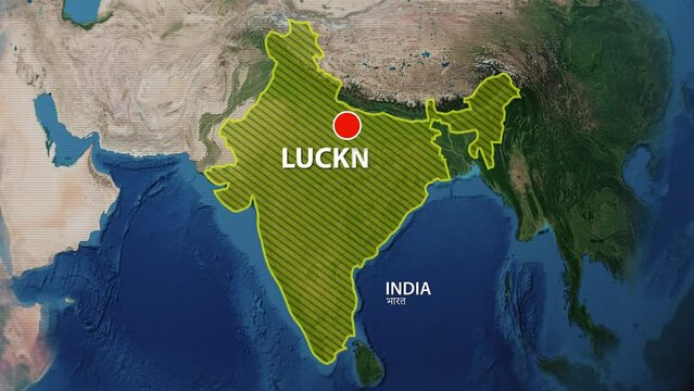 Designation of the borders of India on the map and the mark of the location of the city of Lucknow