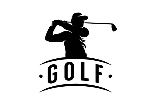 golf logo with silhouette of person swinging golf stick.