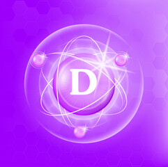 Vitamin D icon structure purple substance of butterfly pea. Medicine health symbol of thiamine. Drug business concept. Vector Illustration. 3D. Complex with chemical formula. Personal care, beauty.