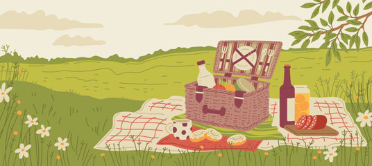 Picnic basket with food and wine on summer background flat vector illustration.