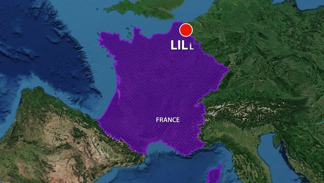 Designation of the borders of France on the map and the mark of the location of the city of Lille