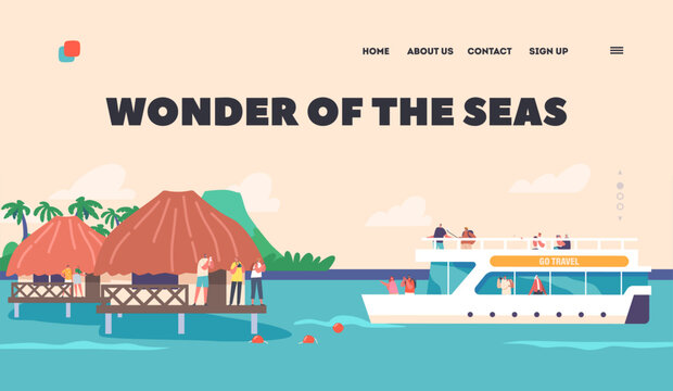 Tourists Character Voyage On Cruise Liner Landing Page Template. People Spend Time on Ship. Passengers With Cameras