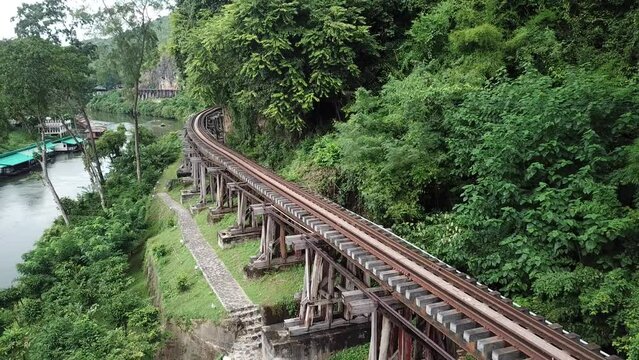 Aerial footage of the Burma Railway in Kanchanaburi, Thailand