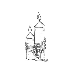 Two burning candles tied with cord, hand drawn vector illustration isolated.