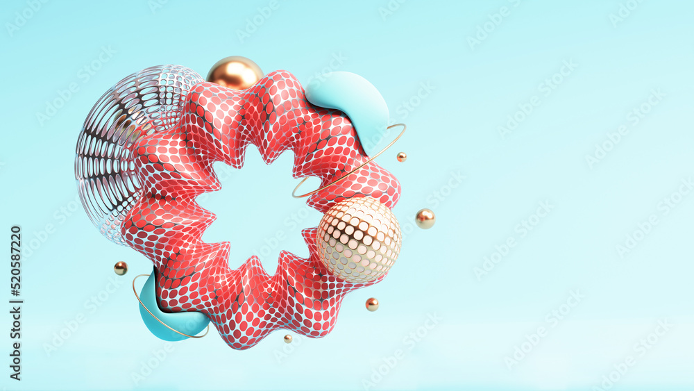 Poster 3d render of abstract mockup wireframe frame with golden balls and wireframes.